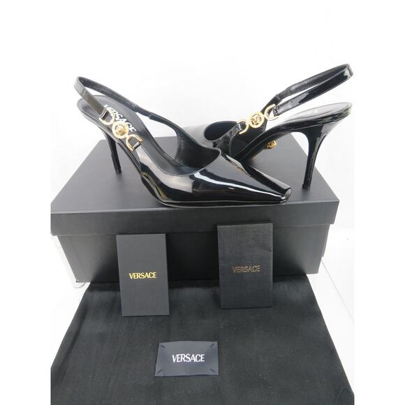 NIB VERSACE BLACK PATENT LEATHER GOLD MEDUSA SANDALS 85 MM HEEL PUMPS 37 7 ITALY - Picture 11 of 12